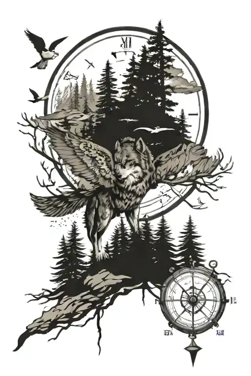 Pineforest Landscape Wolf Compass Owl Flying