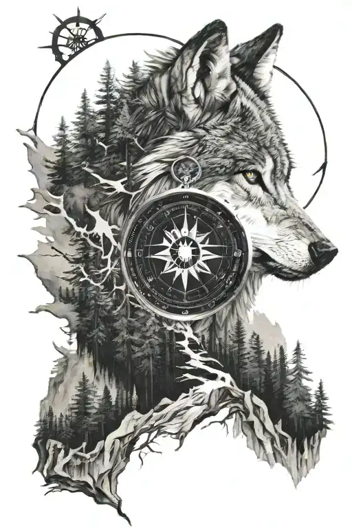 Dense Pineforest Mountain Landscape Wolf Compass