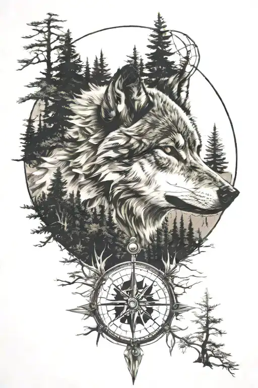 Dense Pineforest Mountain Landscape Wolf Compass