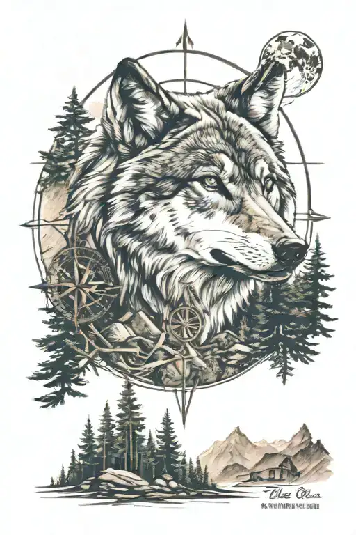 Dense Pineforest Mountain Landscape Wolf Compass