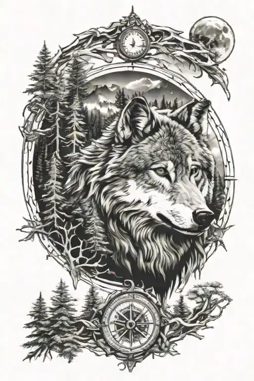 Dense Pineforest Mountain Landscape Wolf Compass