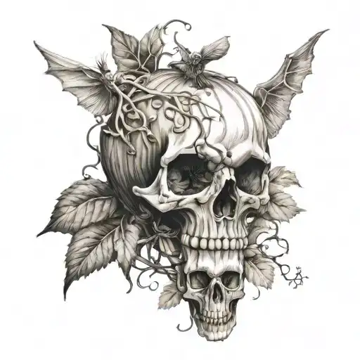 Pumpkin And Animal Skull Wrapped In Vines Forming Its Wings