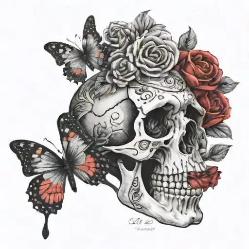 Skull With Red Roses And Small Butterflies Witht He Quote I Am Free