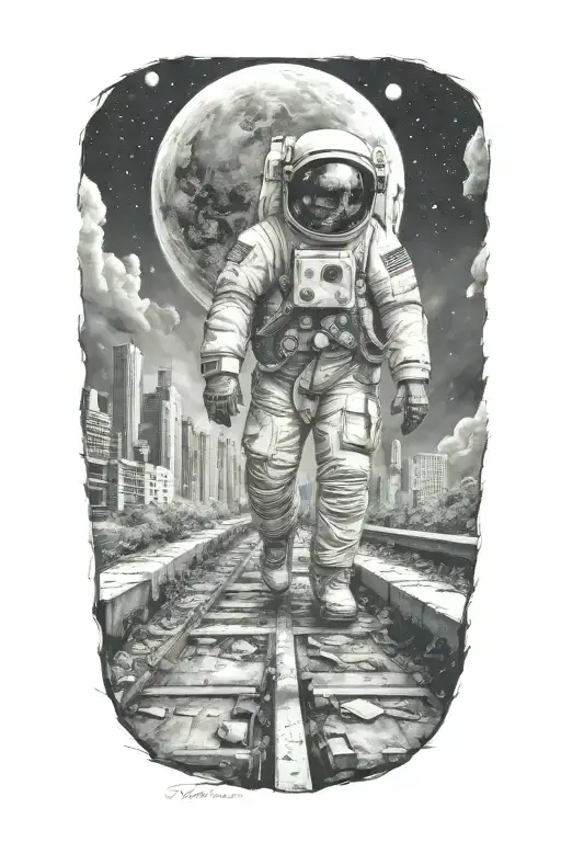 Astronaut Walking Down Road In Overgrown Metropolis Crumbling Skyscrapers Under Cosmic Sky