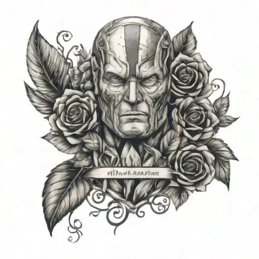 Marvel Theme Memorial Tattoo For Dad With Custom Thumb Print And Flowers