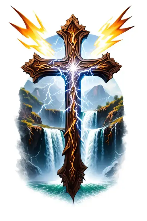 Cross Tattoo With Lightning Bolts And A Waterfall In The Background