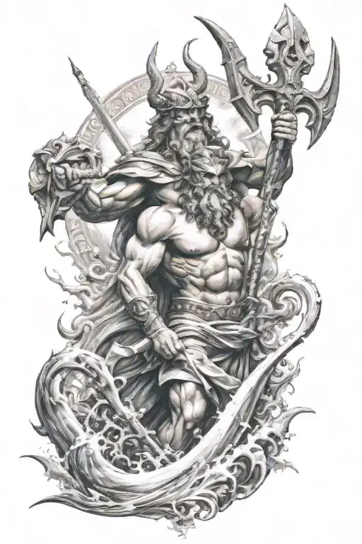 Poseidon Rising From The Ocean Weilding His Trident