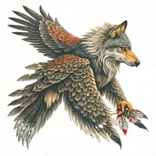 Wolf Looking Forward Beside A Red Tale Hawk Soaring Eagle Carrying Beaded Eagle Feathers