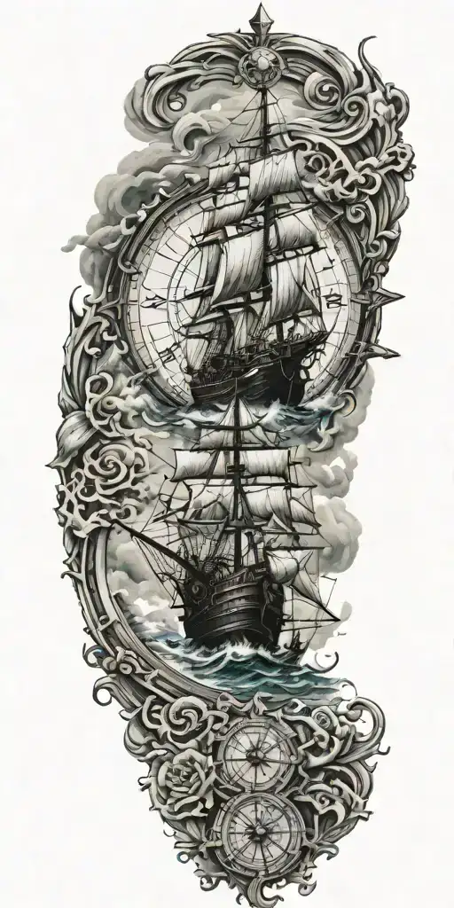 Pirate Ship Sailing Through Stormy Sea Lost In Time Compass Rose Background
