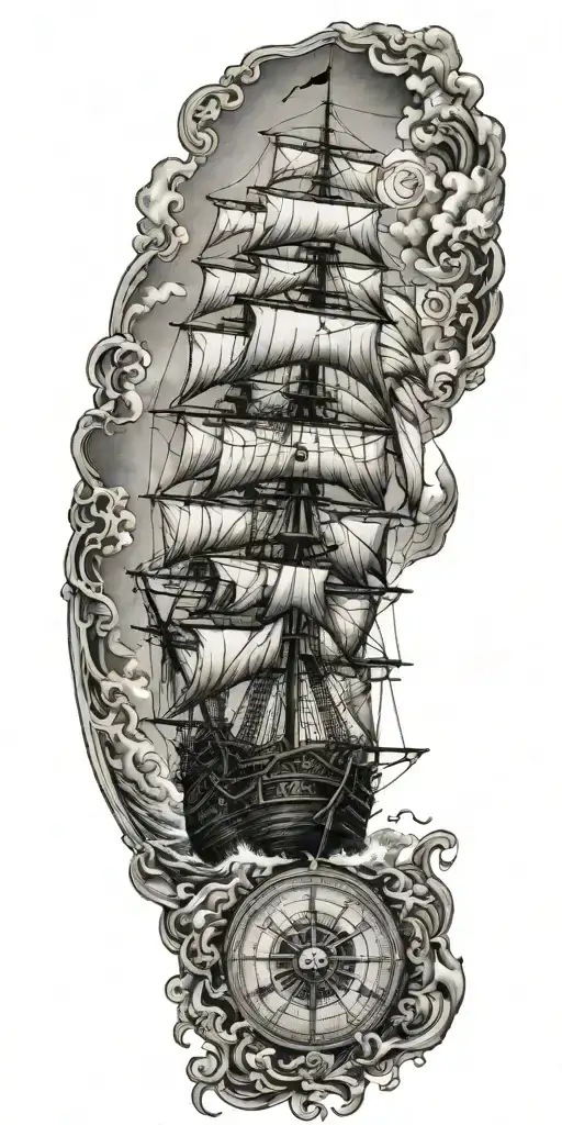 Pirate Ship Sailing Through Stormy Sea Lost In Time Compass Rose Background