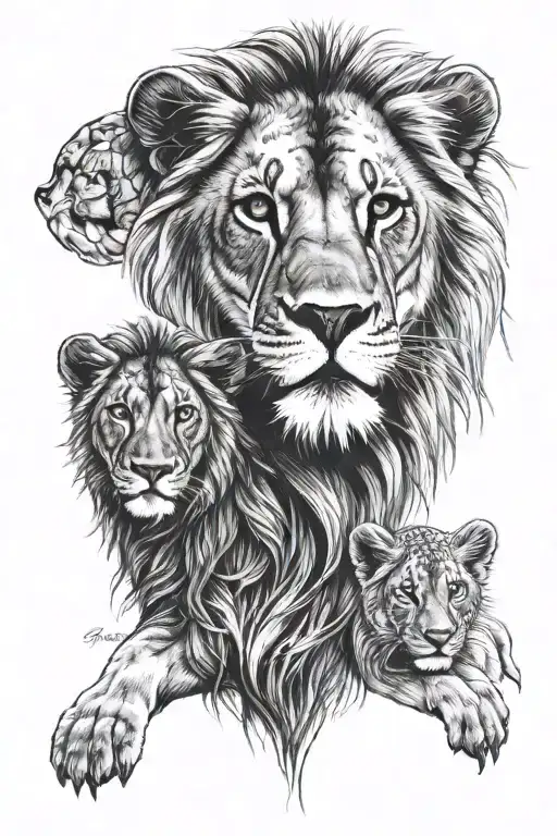 Father And Daughter Lion With Blue Eyes On A Savanah