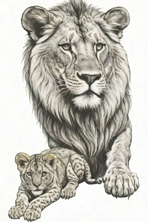 Dad And Baby Lion Standing