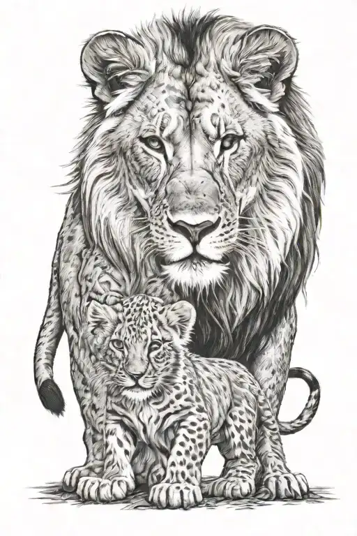 Dad And Baby Lion Standing Side By Side Looking Over The Horizon