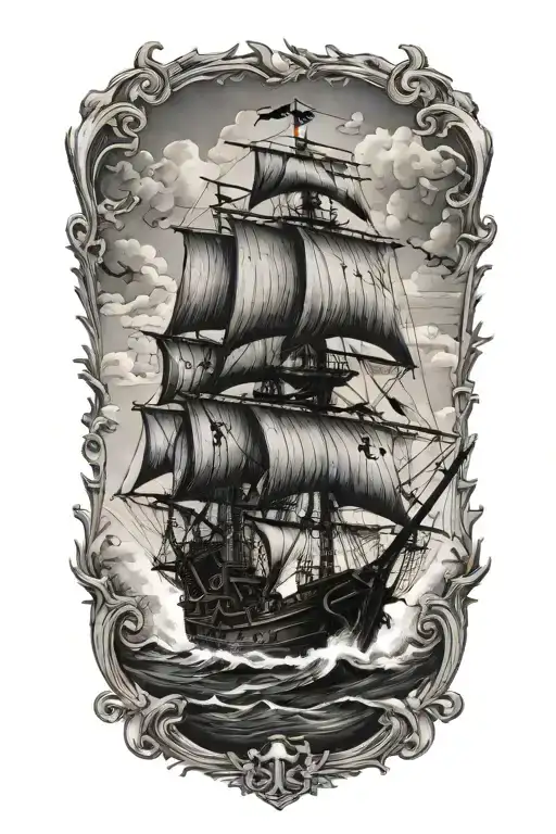 Black Flag Pirate Ship Sailing Through A Sea