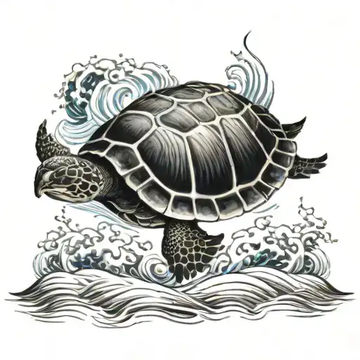 Turtle Surrounded With Waves Japanese