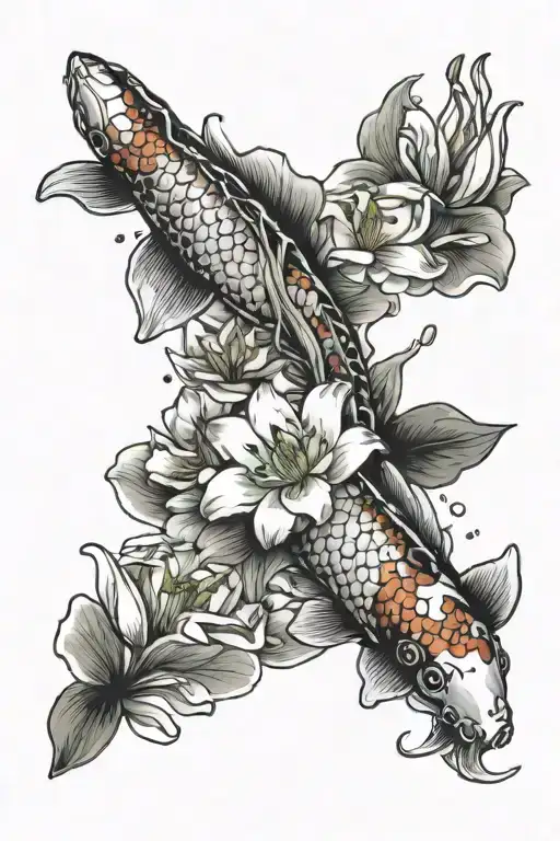 Koi Fish Swimming Through Lily Flowers