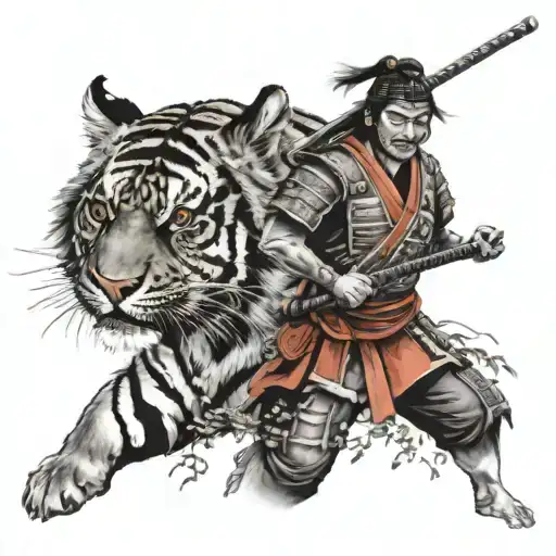 A Samurai Warrior In Armour Beside A Tiger Surrounded My Music Notes