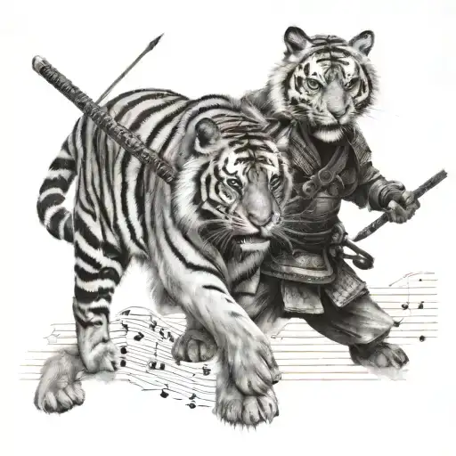 A Samurai Warrior In Armour Beside A Tiger Surrounded My Music Notes