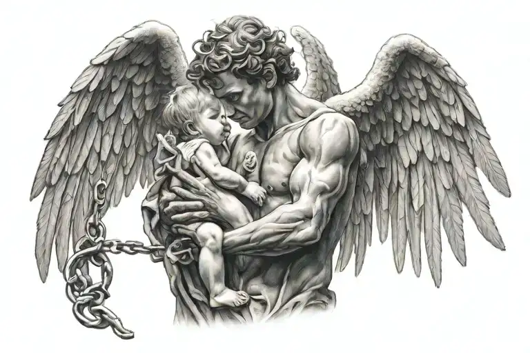 Angel Protecting Little Boy From Demons Trying To Chain Him Down