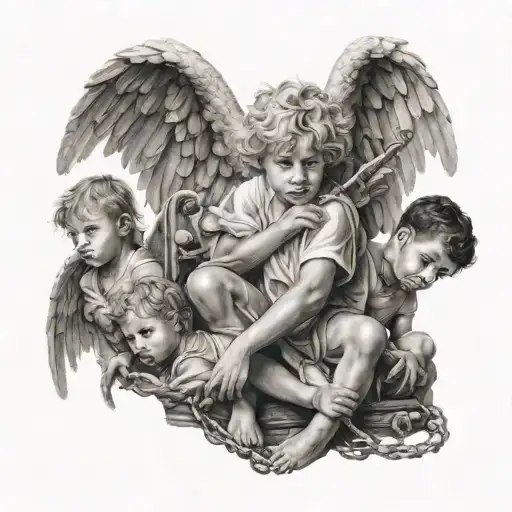Angel Protecting Little Boy From Devil And Demons Trying To Chain Him Down