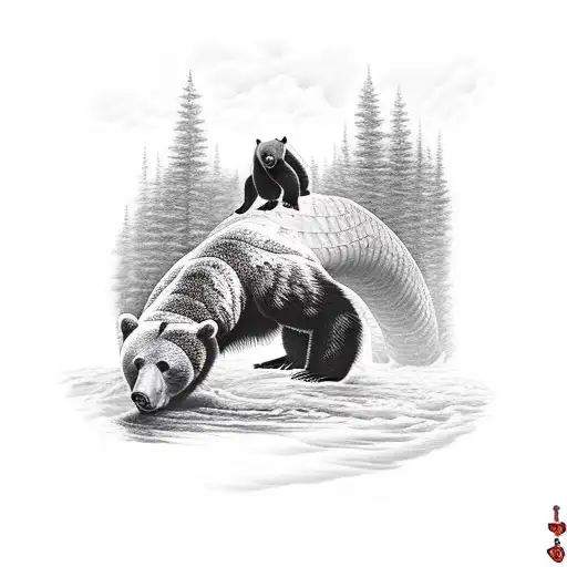 A Bear Fighting An Anaconda In A Forest Area With River Running Through