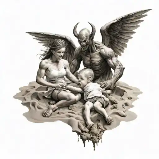 Demons Trying To Kill Little Boy Playing In Sandbox With Angel