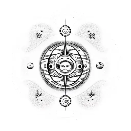 A Blackwork Tattoo Of A Cat Floating In Space With Planets And Stars Forming A Binary Code Pattern