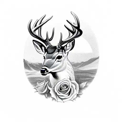 A Male Deer With Dalihas And Roses On The Horns And River In The Background