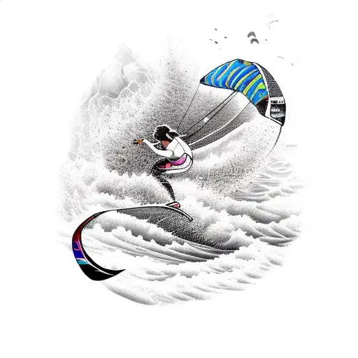 A Vibrant Kitesurfing Scene Set Against The Stunning Landscapes Of New Caledonia In A Dotwork Style