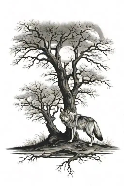 A Small Wolf Under A Big Tree Under The Moonlight At Night