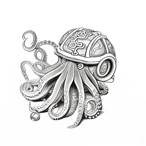 Octopus Guarding Treasure Chest With An Old School Scuba Diver Stealing The Treasure