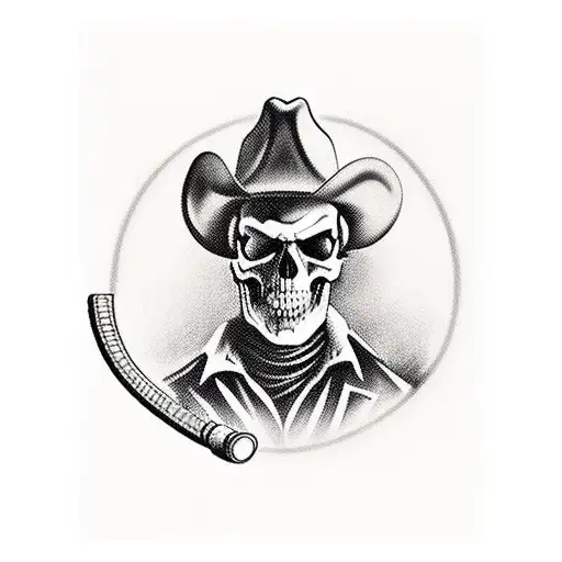 Cowboy With Skull Face Playing Likeee At A Table With Gun Ready To Shoot Under Table At Bar