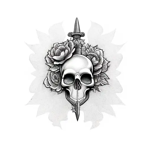 Sword Going Through Skull With Flowers
