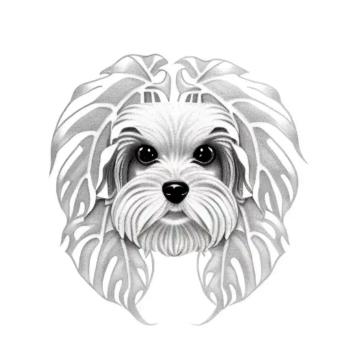 Cavapoo Dog Face And Monstera Plant