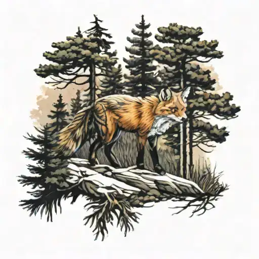 Fox Walking Through The Woods With Pine Trees