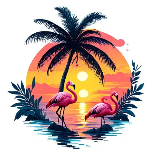 Coral Sunset In The Background With One Palmtree And Three Flamingos