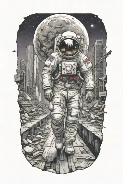 Astronaut Walking Down Road In Abandoned Metropolis Crumbling Skyscrapers Under Cosmic Sky