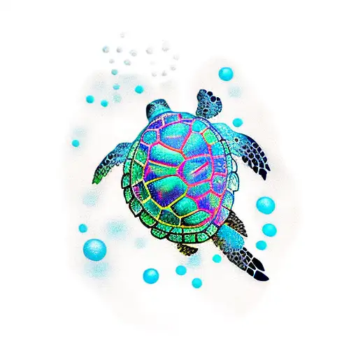 Colorful Sea Turtle Made Of Lines With Bubbles Rising From It