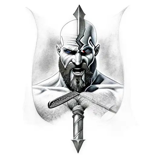 Kratos Face With One Of His Swords In The Background And His Ax