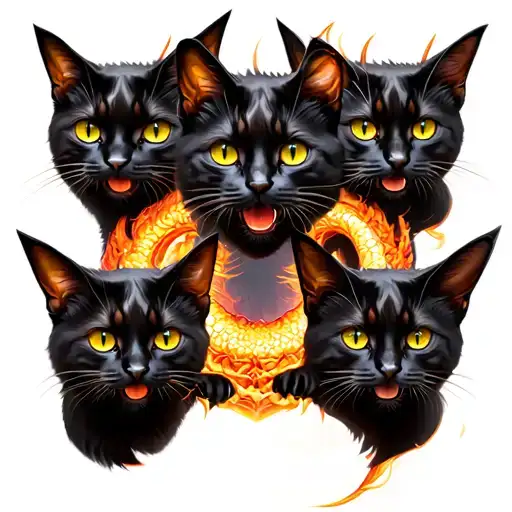 Three Black Cats With Yellow Eyes Turning Into A Dragon