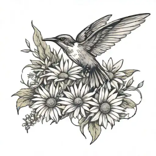 Simple Minimalistic Memorial Tattoo For My Nana With Hummingbirds And Daisies And A Peaking Sun