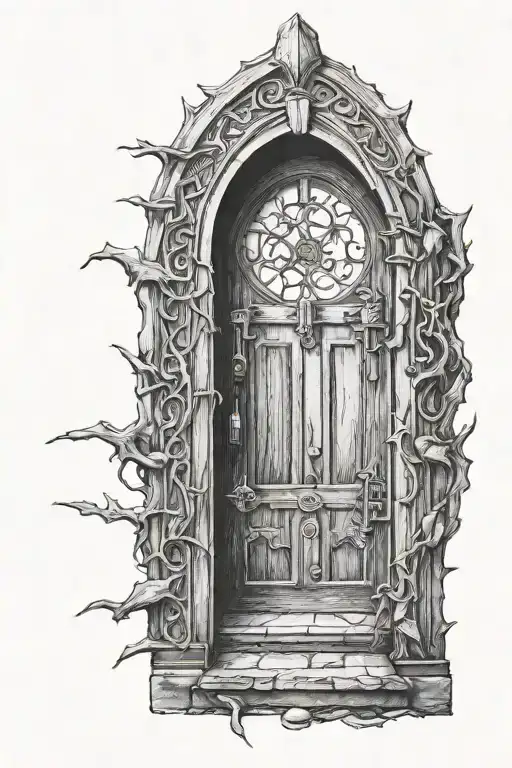 Black Work Style Gothic Hobbit Door Hand Tattoo Design