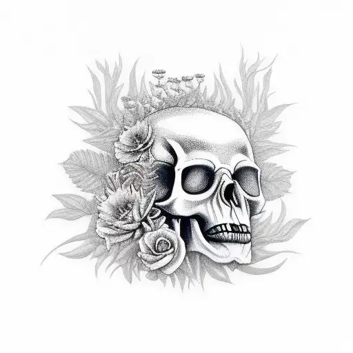 Fine Line Jaguar Skull Overgrown With Plants