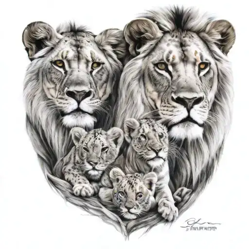 Lion With A Lioness And 4 Cubs Underneath