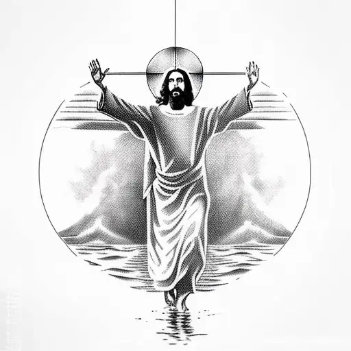 A Blackwork Tattoo Of Jesus Walking On Water