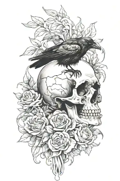 Large Raven Perched On Human Skull