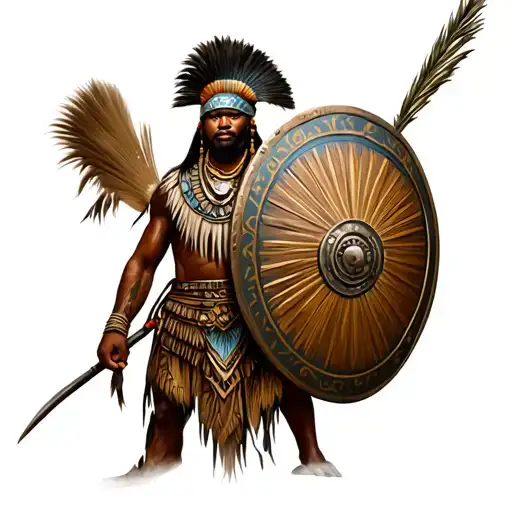 Zulu Warrior And Shield With African Animals