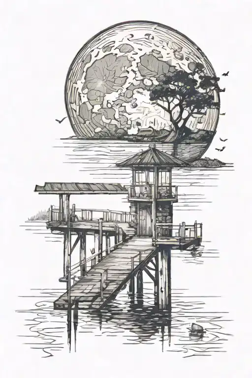 The Moon Illuminates The Lake And The Small Pier