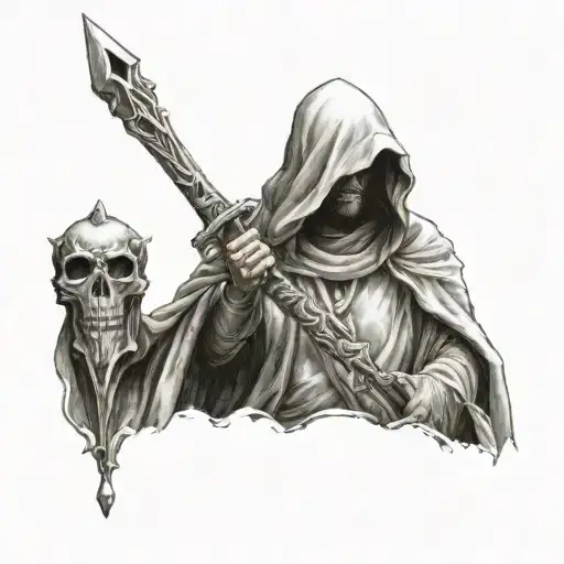 Hooded Faceless Cloaked Saint Holding Large Water Trident