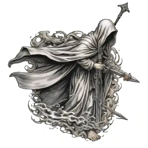 Hooded Faceless Cloaked Saint Full Body Holding Large Water Trident